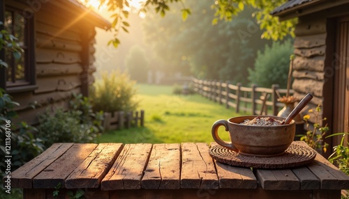 Charming rustic wooden table adorned with a bowl of warm porridge in the morning sun s glow photo
