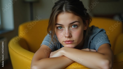 Close-up portrait of a young Caucasian woman with a serious and reflective expression