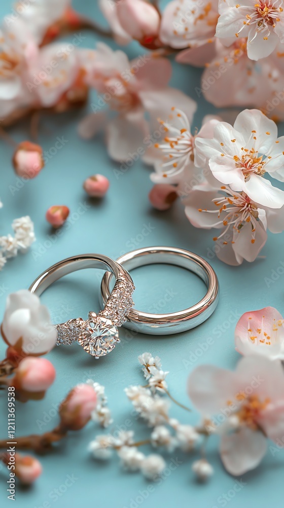 Fototapeta premium Diamond Wedding Rings Adorned with Delicate Spring Blossoms
