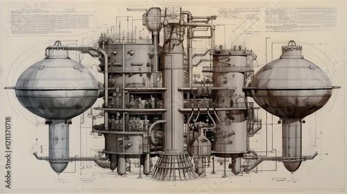 Comprehensive technical blueprint diagram showcasing the detailed pressurized water reactor design layout and components for a nuclear power facility photo