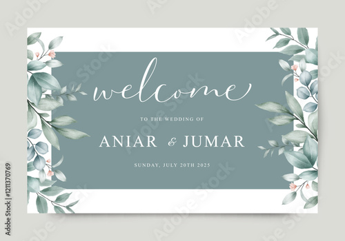 Wedding welcome sign template set with watercolor green leaves floral