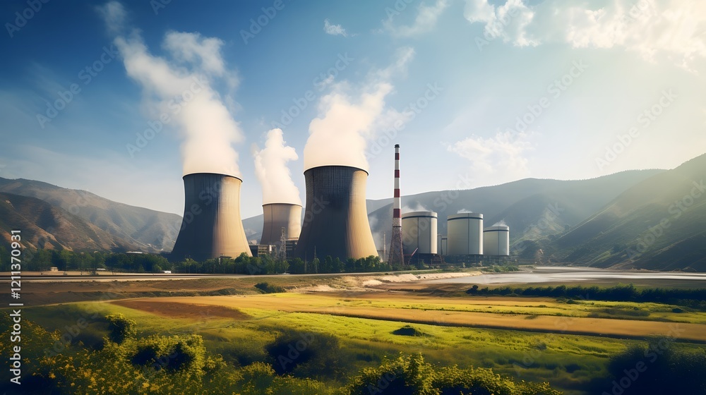 Panoramic shot showcasing the imposing nuclear cooling towers set against the dramatic mountainous landscape in the background capturing the scale and industrial might of the power plant Panoramic shot showcasing the imposing nuclear cooling towers set against the dramatic mountainous landscape in the background capturing the scale and industrial might of the power plant