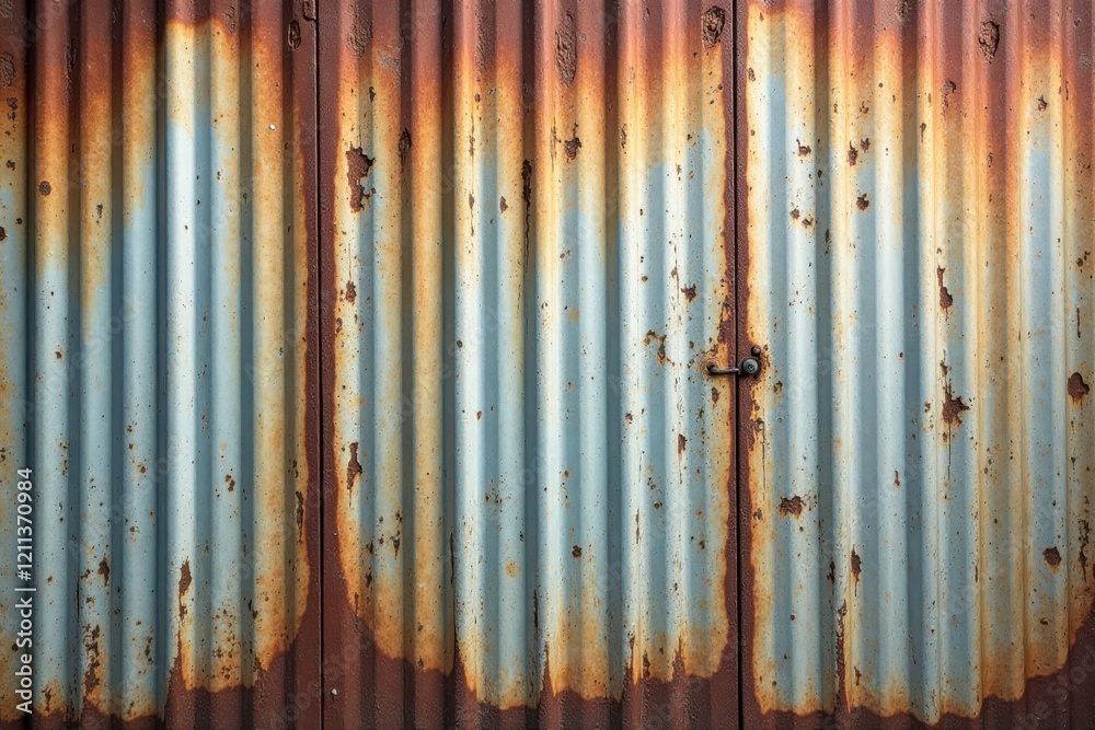Rusty corrugated metal gate with a weathered patina and a small latch