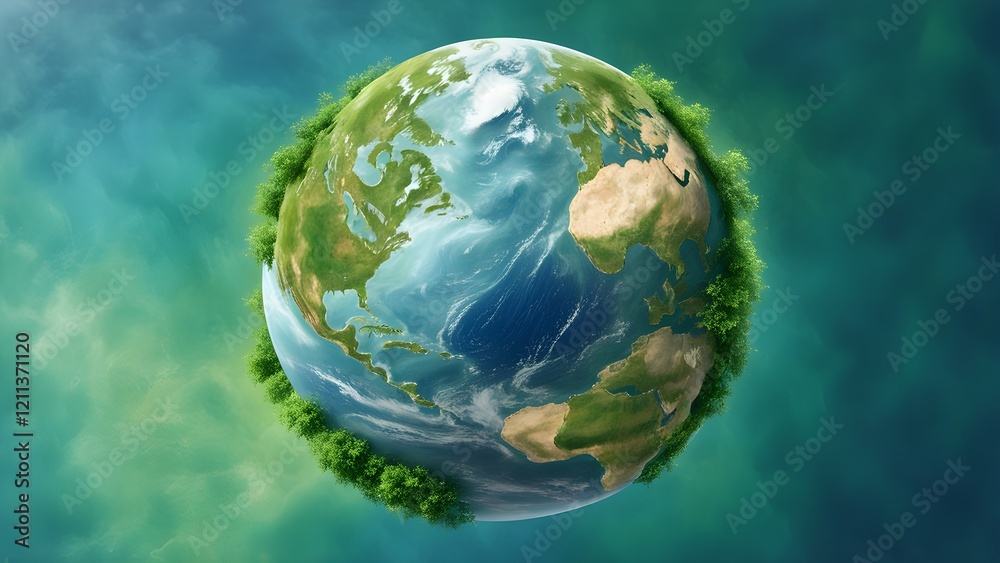 Fototapeta premium 3D rendering of Earth encircled by lush green vegetation against a teal and blue cloudy backdrop.