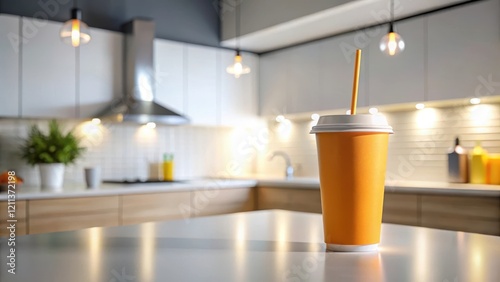 A refreshing beverage in a disposable cup sits on a pristine kitchen counter, the warm glow of the kitchen's lighting reflecting softly on its surface