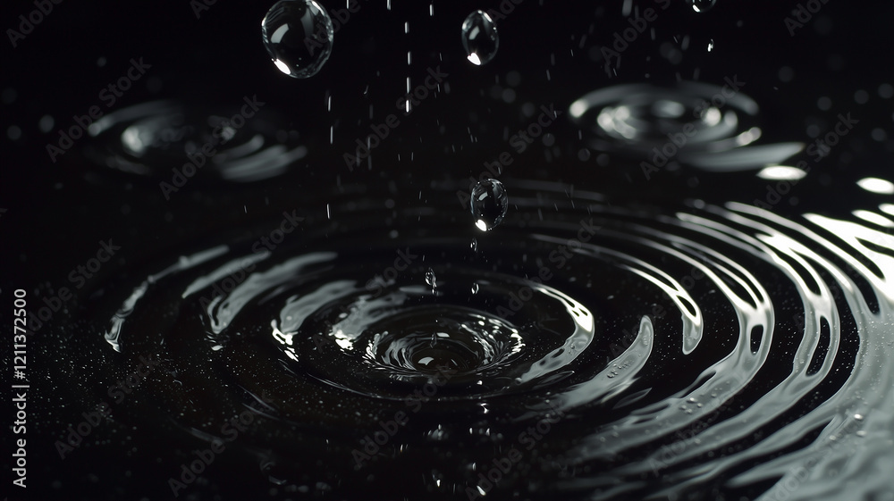 Black and white photo of raindrops creating ripples in water
