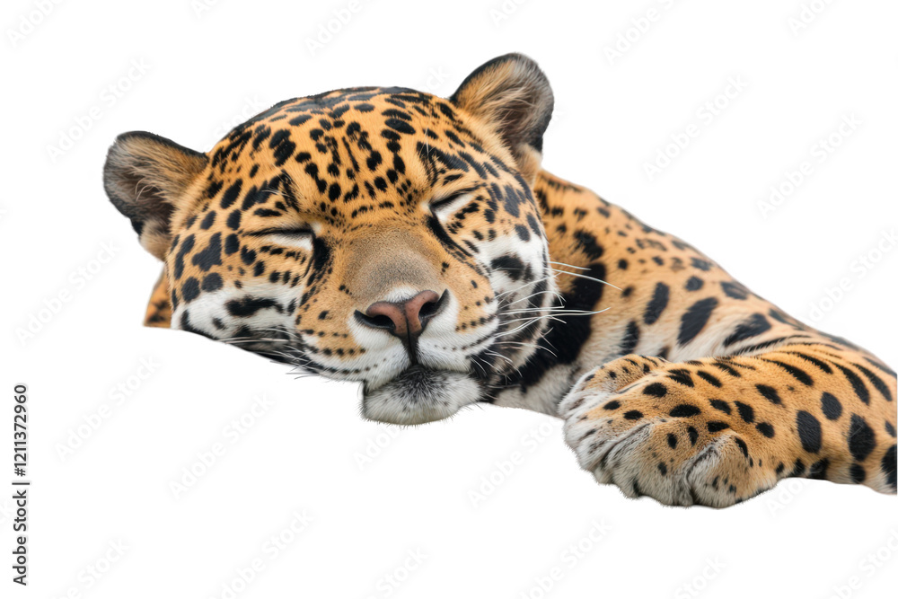Fototapeta premium A peaceful jaguar resting with its eyes closed, showcasing its distinctive spotted fur and serene expression.