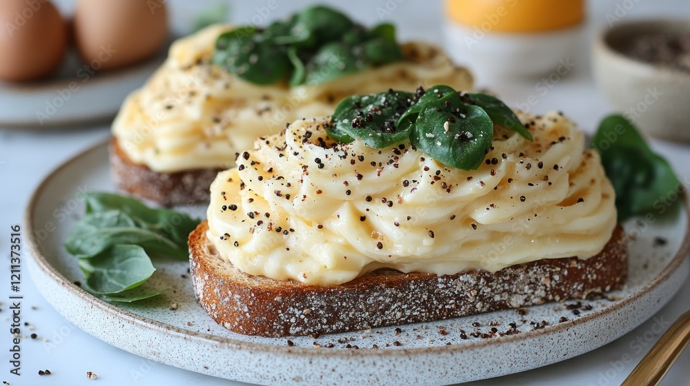 Scrumptious Creamy Scrambled Eggs on Toast with Basil and Pepper Scrumptious Creamy Scrambled Eggs on Toast with Basil and Pepper
