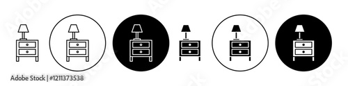 Bedside table icons set in black filled and stroke line style