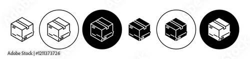 Broken cardboard box icons set in black filled and stroke line style