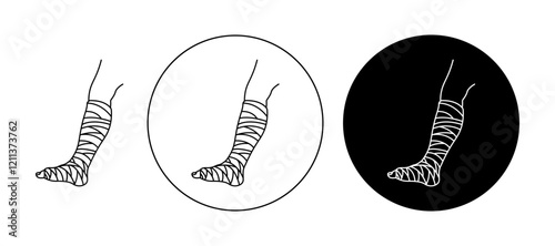 Broken leg in a plaster icons set in black filled and stroke line style