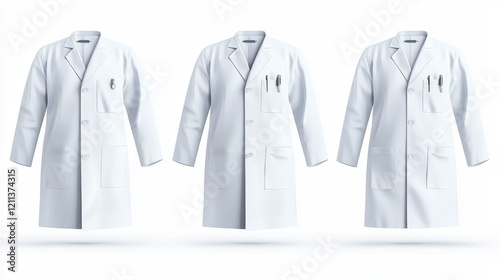 Three identical white lab coats displayed in a row, symbolizing professionalism in scientific research and healthcare environments.