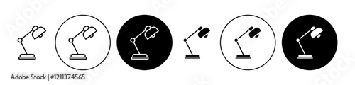 Desk lamp icons set in black filled and stroke line style