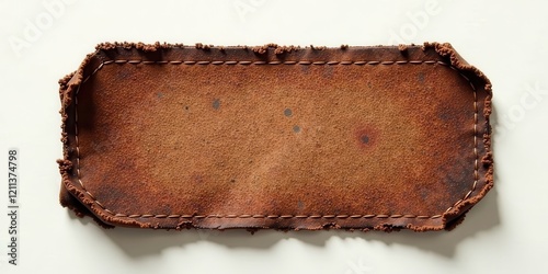 Rustic Brown Leather Patch with Hand-Stitched Edge and Aged Texture, Ideal for Design Projects Requiring a Vintage Aesthetic
