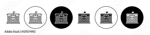 Embassy icons set in black filled and stroke line style