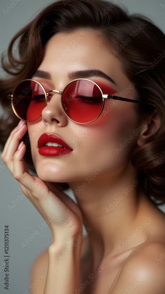 Brunette with bright makeup and wearing sunglasses, Close-up face, golden frame and red glasses glasses panes. Brunette with bright makeup and wearing sunglasses, Close-up face, golden frame and red glasses glasses panes.