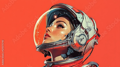 Bold pop art portrait of a trailblazing female astronaut, with a futuristic spacesuit, stars in her eyes, and a determination to reach for the stars, symbolizing the triumph of human exploration 