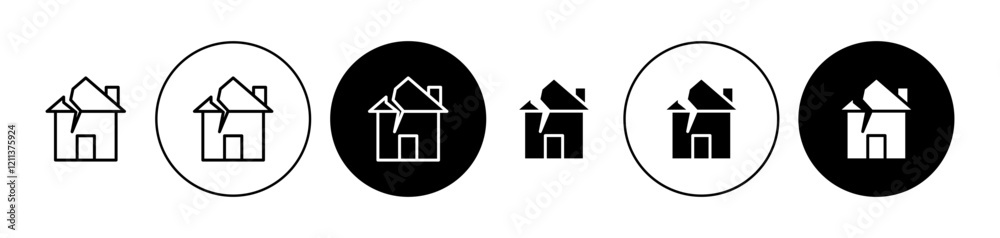 House damage icons set in black filled and stroke line style House damage icons set in black filled and stroke line style