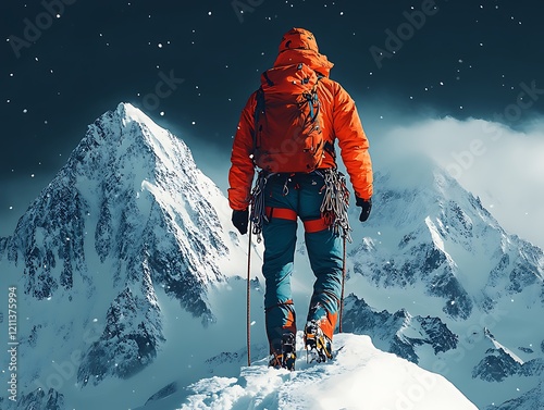 Breathtaking mountain climbing illustration, mountaineer ascending a challenging peak with ropes and gear, black background ::2 conquering summits, icy terrain, climbing equipment, breathtaking 