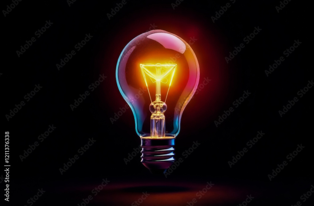 The bright light bulb glows in red-orange neon on a black background, symbolizing creativity and innovative ideas. The bright light bulb glows in red-orange neon on a black background, symbolizing creativity and innovative ideas.