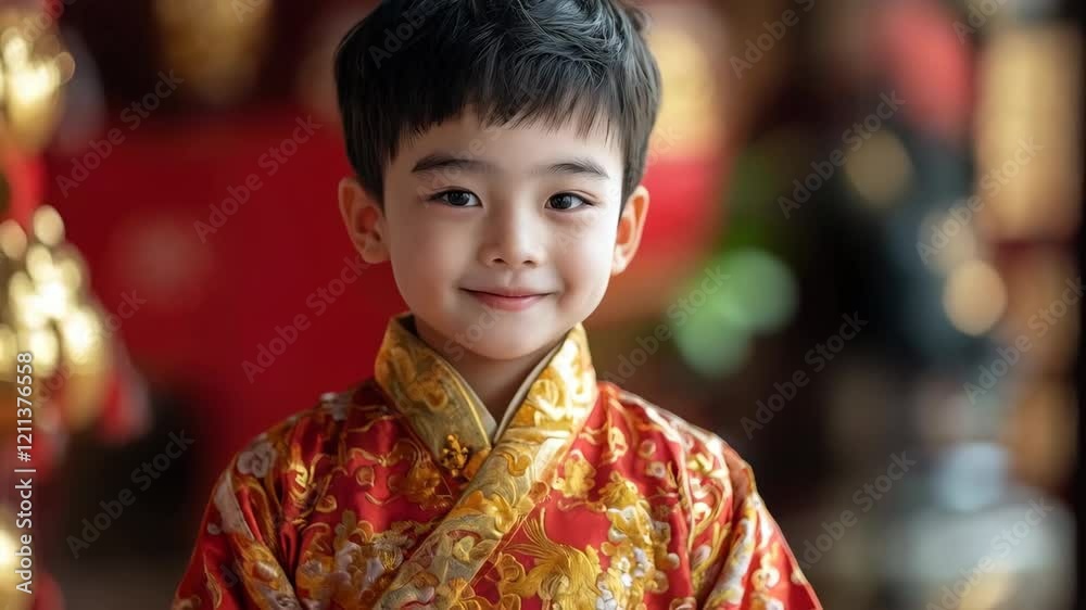 Celebratory child in festive attire smiling amid traditional decor Celebratory child in festive attire smiling amid traditional decor