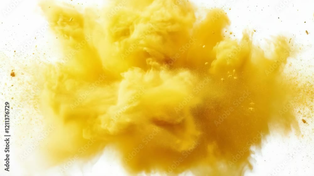 Yellow powder burst exploding in slow motion against white background
