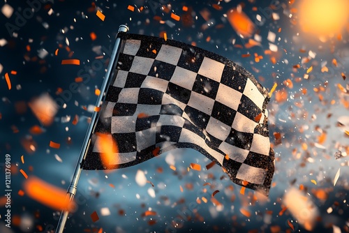 Checkered Flag Waving in Celebration Amidst Confetti