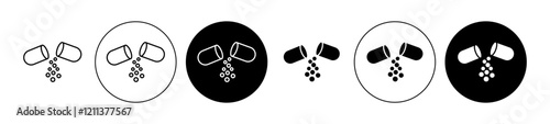 Pharmaceutical capsule icons set in black filled and stroke line style