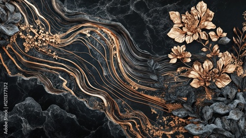 Elegant gold floral marble design; wall art, home decor