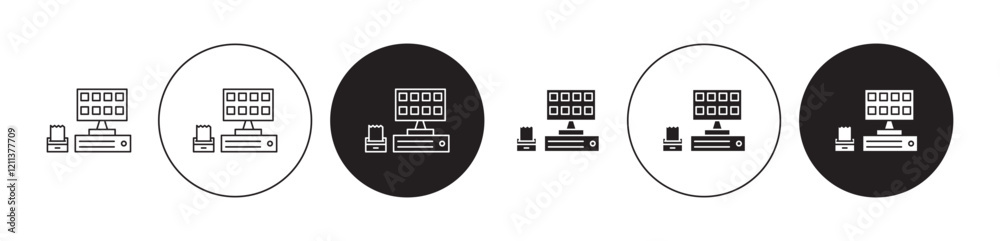 POS system icons set in black filled and stroke line style POS system icons set in black filled and stroke line style