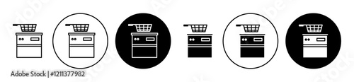 Restaurant deep fryer icons set in black filled and stroke line style