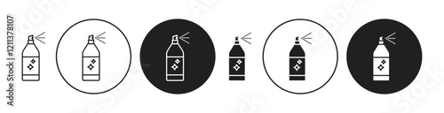 Sanitizing spray bottle icons set in black filled and stroke line style
