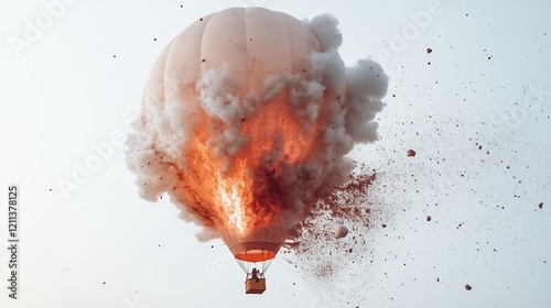 Dramatic Explosion of a Hot Air Balloon with Clouds of Smoke
