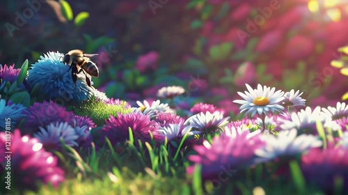 Bee pollinating flowers in a sunlit meadow.  Perfect for spring/nature themes