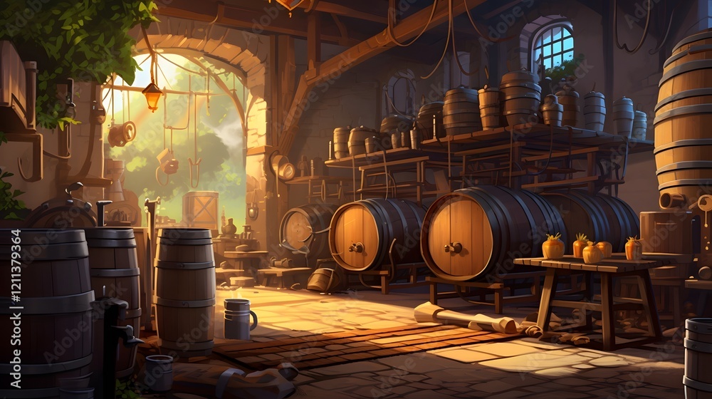 Naklejka premium Brewery with Wooden Barrels and Assorted Brewing Equipment in an Industrial Factory Setting Showcasing the Production and Storage Process of Craft Beverages