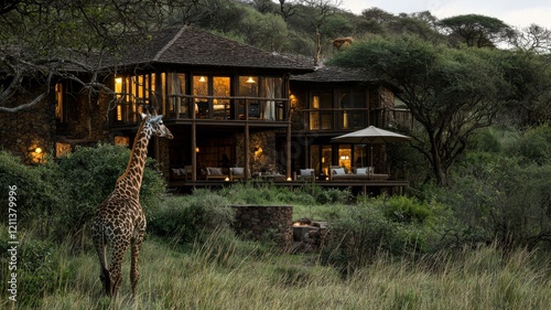 A giraffe standing near a cozy lodge at twilight in the savannah.