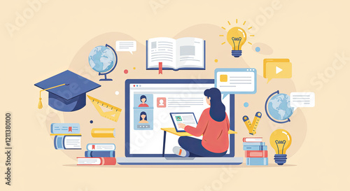 Online education, showing a student attending a virtual class on a laptop, books. Illustration