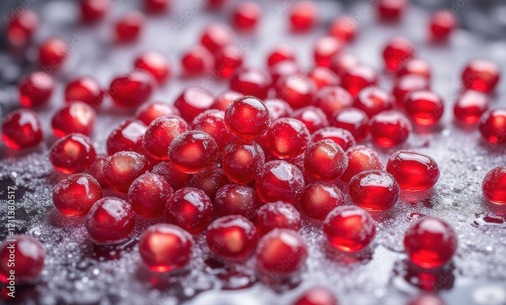 Vibrant red gel-like spheres on surface Vibrant red gel-like spheres on surface
