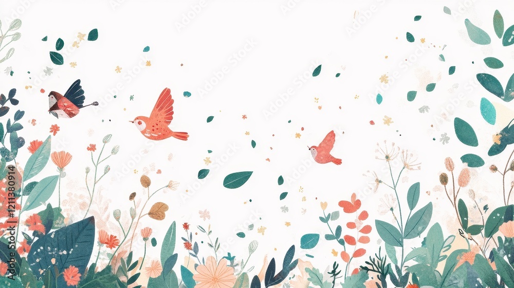 Fototapeta premium Birds Flying Above a Springtime Floral Garden