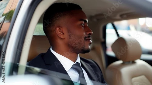 Young black man in business attire sitting inside the back seat of his white SUV, smiling at the camera.