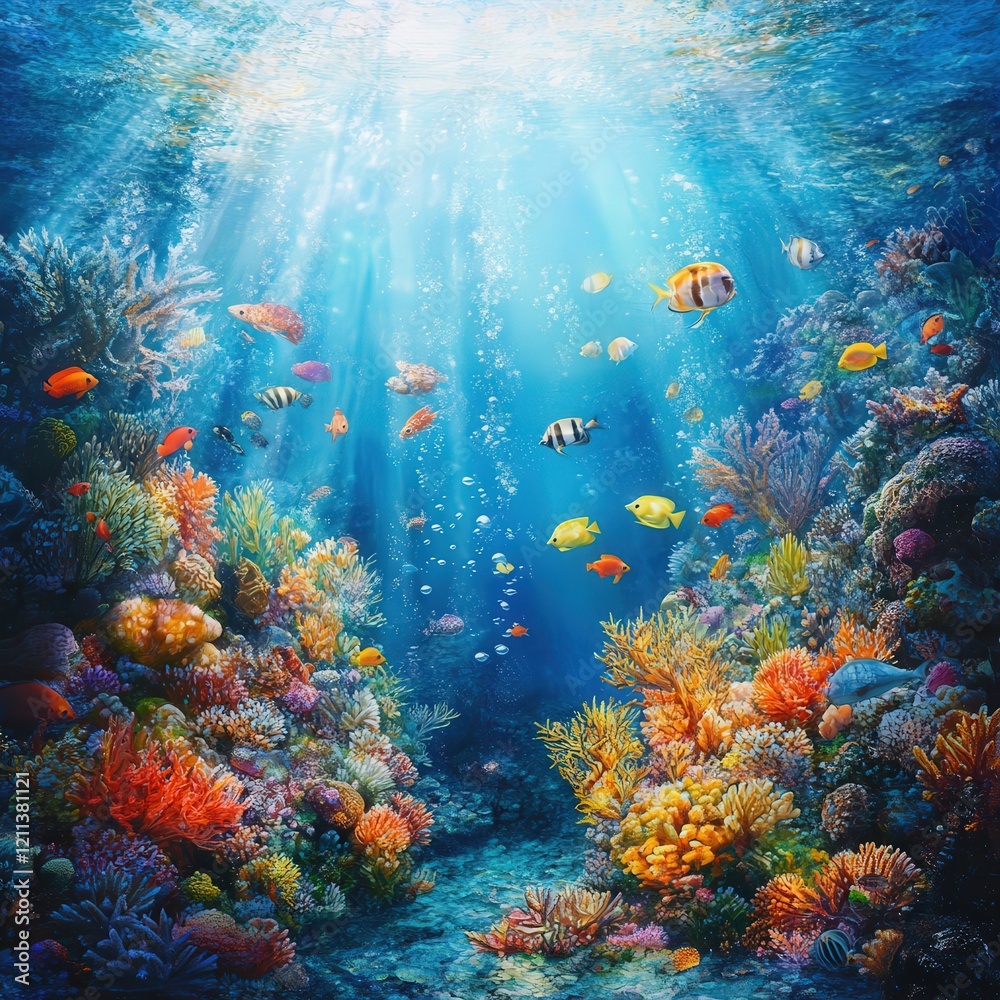Naklejka premium serene underwater scene featuring a lively coral reef filled with vibrant fish of all colors.