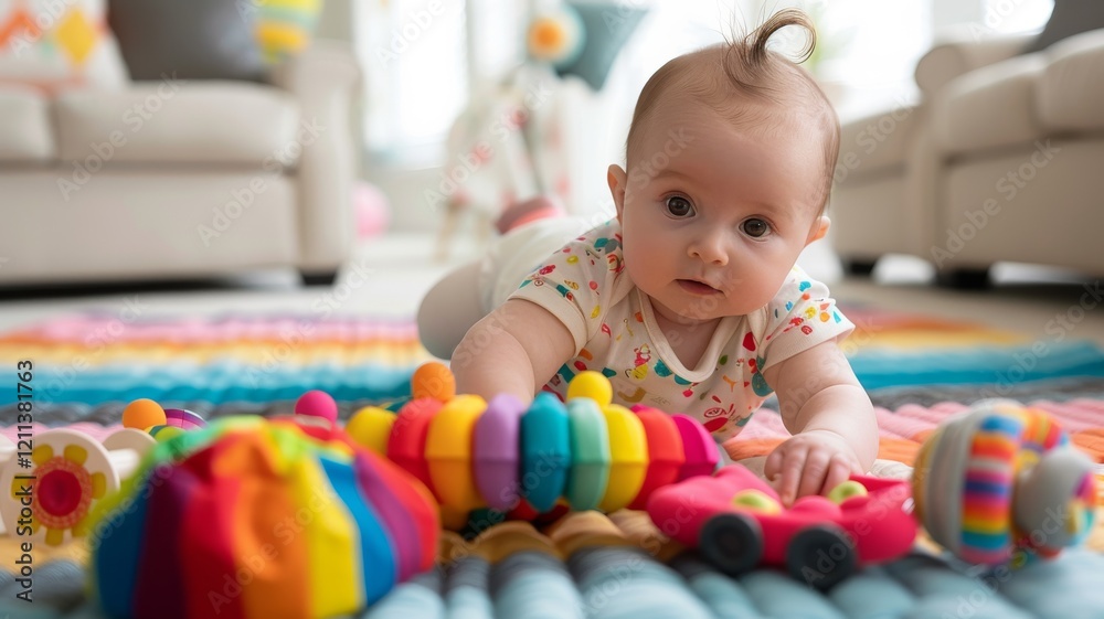 An infant on a soft mat, curiously exploring textured toys with different surfaces. An infant on a soft mat, curiously exploring textured toys with different surfaces.