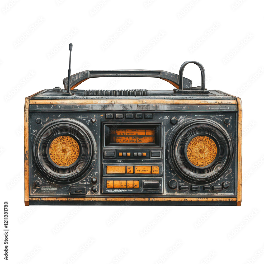 Fototapeta premium Vintage boombox with a distressed finish, featuring oversized speakers and an antenna, embodying retro style.