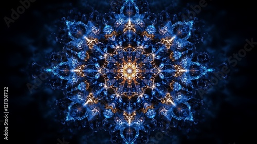 Abstract Blue and Gold Fractal Mandala Design