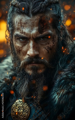 Cinematic portrait of a legendary warrior clad in battle-worn armor, surrounded by volumetric lighting, intense motion blur, and lens flares, showcasing raw power and epic heroism. 