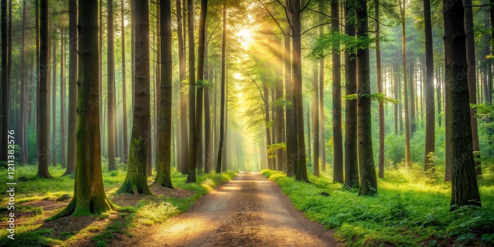 Naklejka premium Sunlit Path Through a Verdant Forest of Tall Trees on a Misty Morning