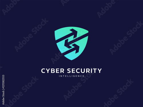 Cyber security intelligence data protection technology with Convert Arrows overlapping in shield symbol vector logo design concept. Abstract shield security icon logotype symbol for ID protection, ui.