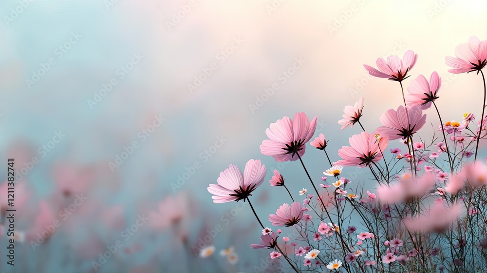 Pastel spring concept. A serene scene of blooming pink flowers under a soft, dreamy sky. Pastel spring concept. A serene scene of blooming pink flowers under a soft, dreamy sky.