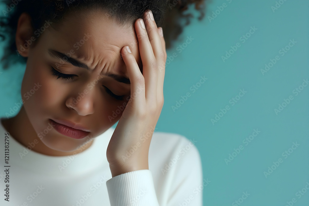 A woman in a white sweater expresses distress, holding her forehead, against a soothing blue background. A woman in a white sweater expresses distress, holding her forehead, against a soothing blue background.