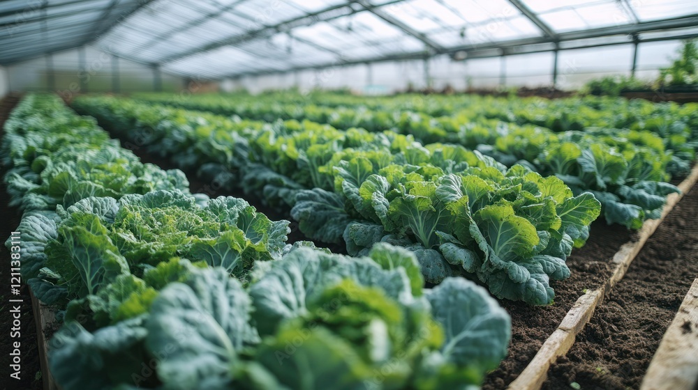 Rows of Lush Green Cabbage in a Greenhouse Rows of Lush Green Cabbage in a Greenhouse